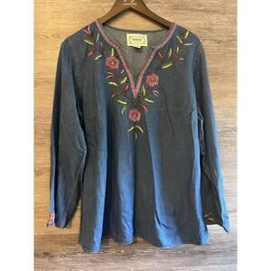 Tantrums Denim V Neck Embroidered Studs Vintage Blue Sz 1X Plus Floral